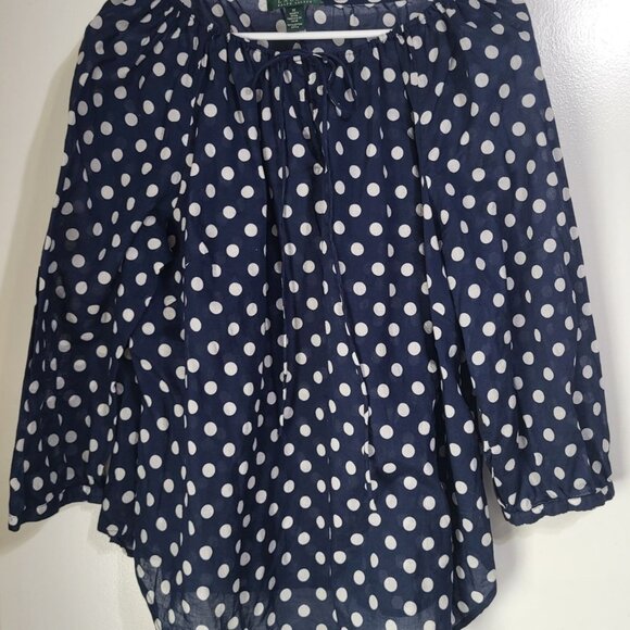 Lauren Ralph Lauren Tops - LAUREN RALPH LAUREN Womens 1X Peasant Polka Dot Blouse Semi Sheer Navy White